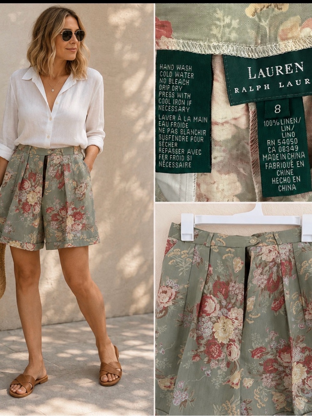 Lauren Ralph Lauren Sage Green Floral Linen Pleated Shorts